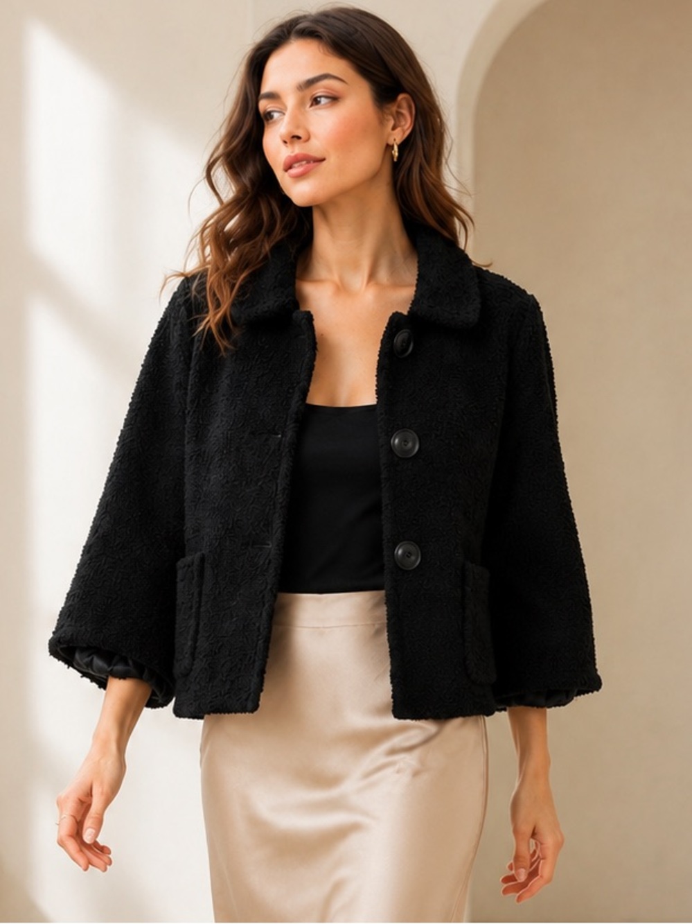 J.Crew Black Bouclé Wool-Blend Cropped Blazer – Peter Pan Collar – Size 8 - Picture 1 of 12